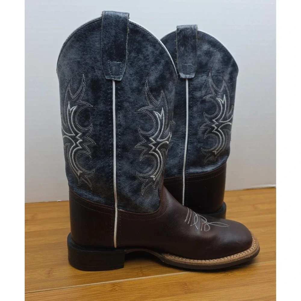 Old West Youth Unisex Broad Square Brown Blue Leather Cowboy Boots 1914 5D